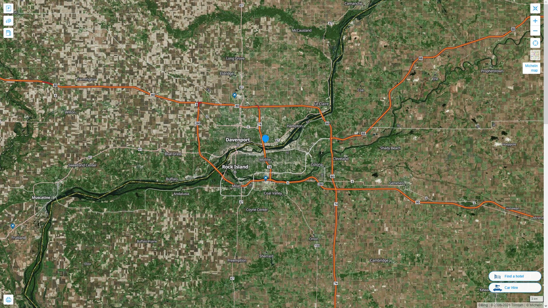 Bettendorf iowa Highway and Road Map with Satellite View